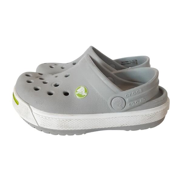 Crocs Crocband Clogs Boys 6/7 Gray Lime Green Stripe Retro Water Shoes Summer - Picture 2 of 9